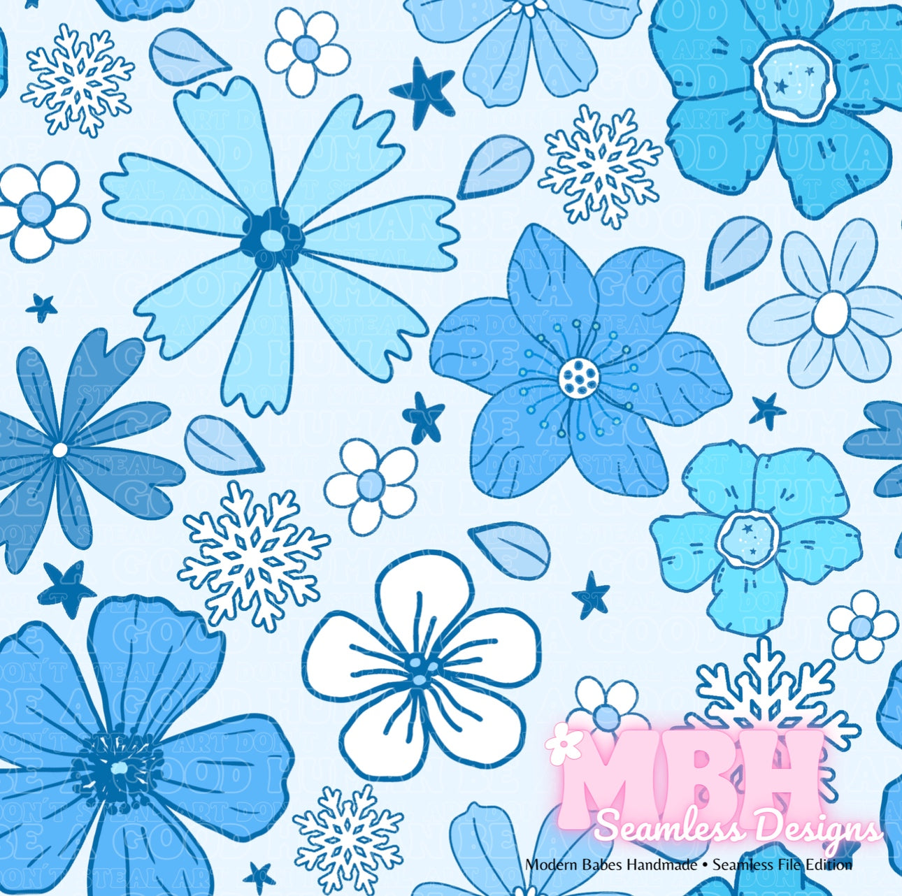 Winter Ice Blue Floral Seamless Pattern