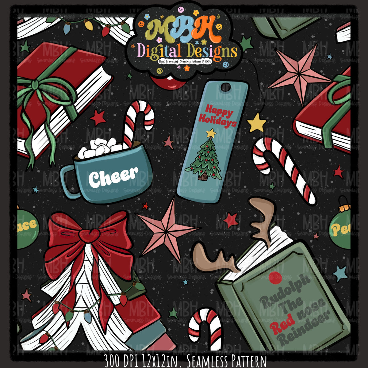 Moody Bookish Christmas Seamless Pattern // MULTIPLE COLORWAYS