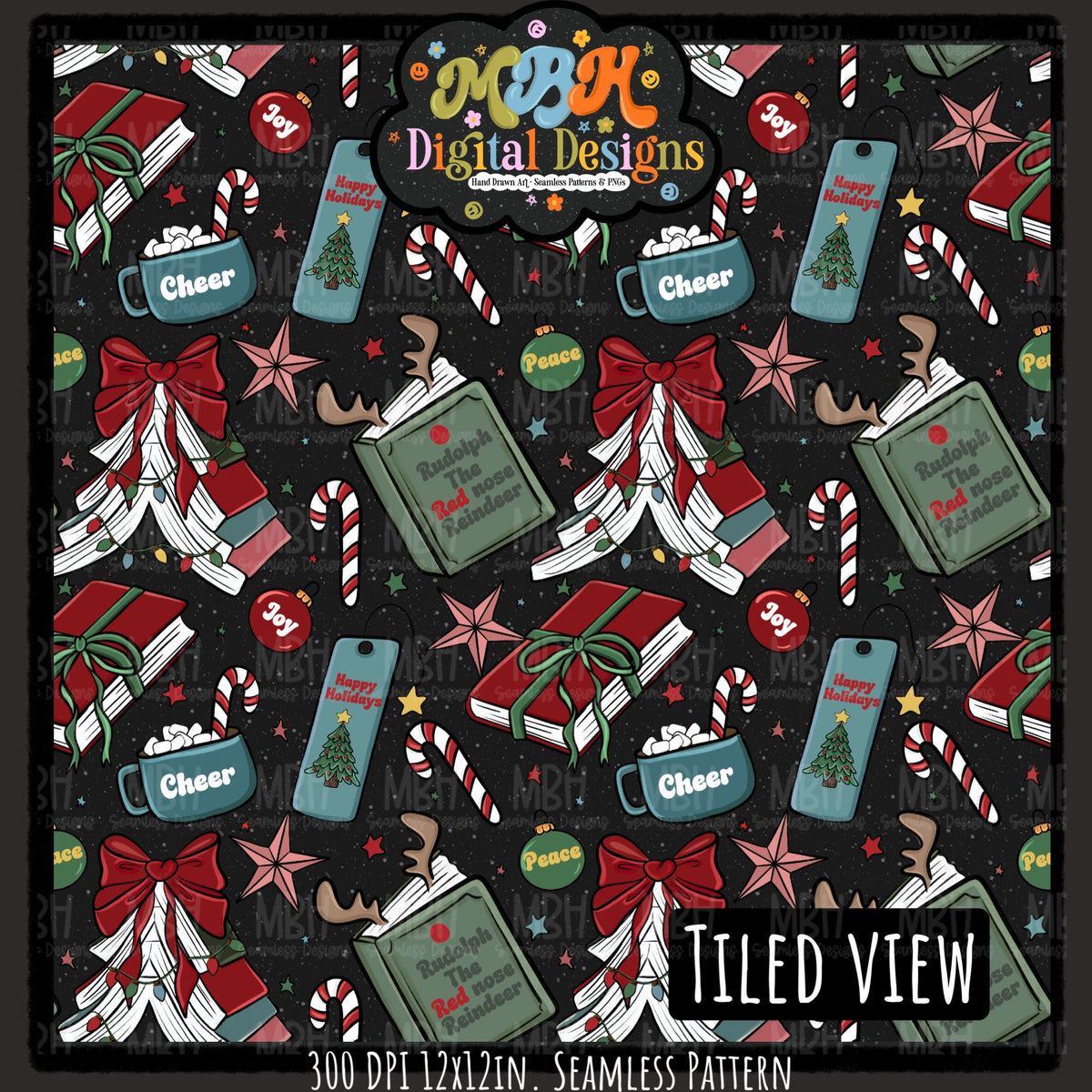 Moody Bookish Christmas Seamless Pattern // MULTIPLE COLORWAYS