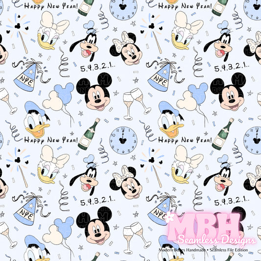Blue Magical Friends New Year Seamless Pattern