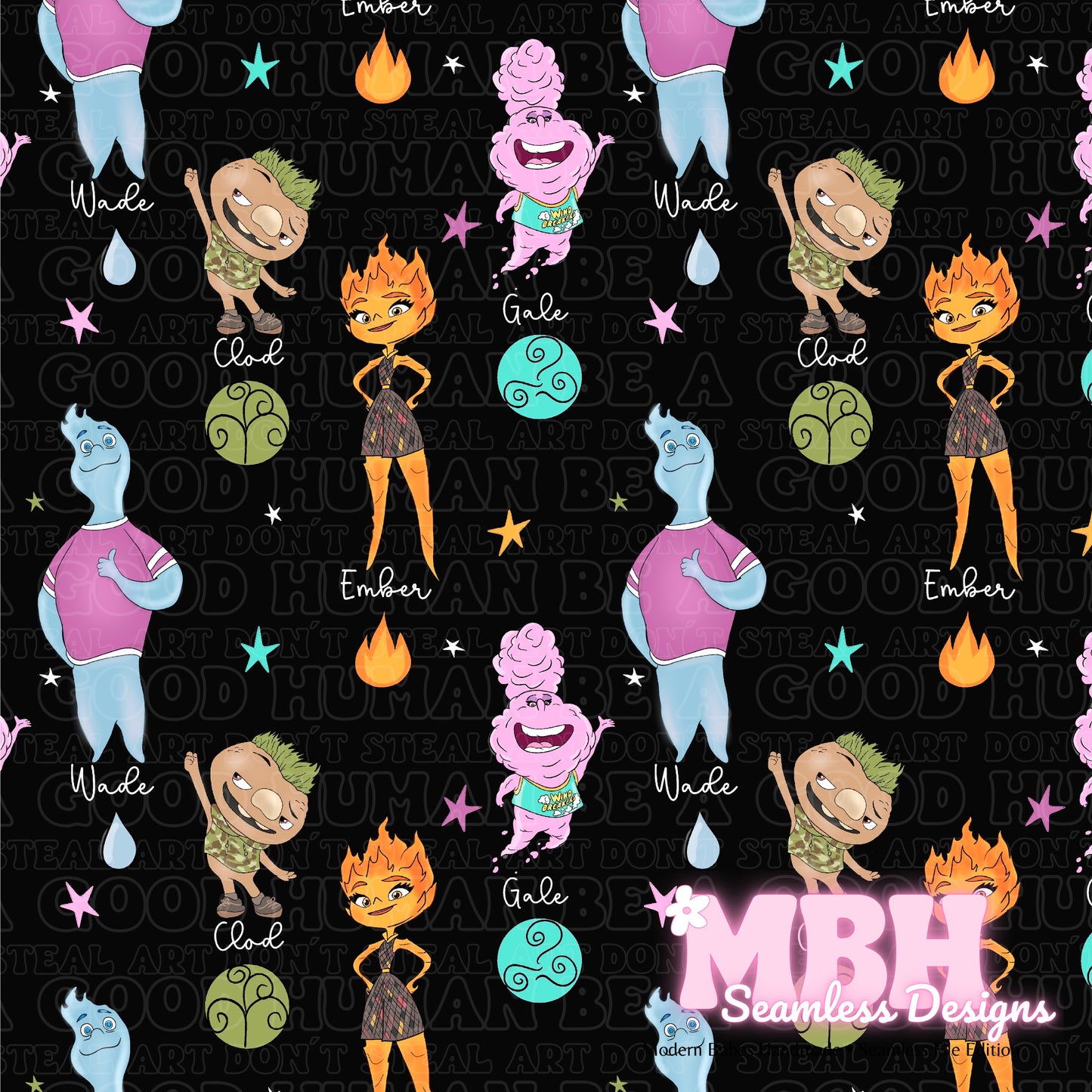 Starry Elemental Names Seamless Pattern