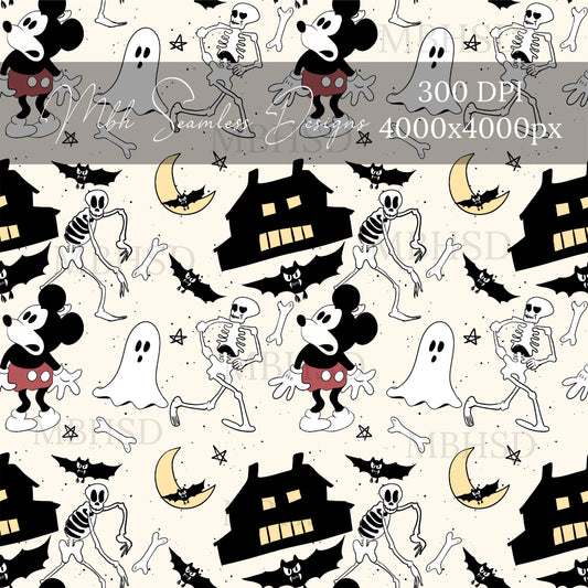 Vintage Mouse Haunted House Seamless Pattern