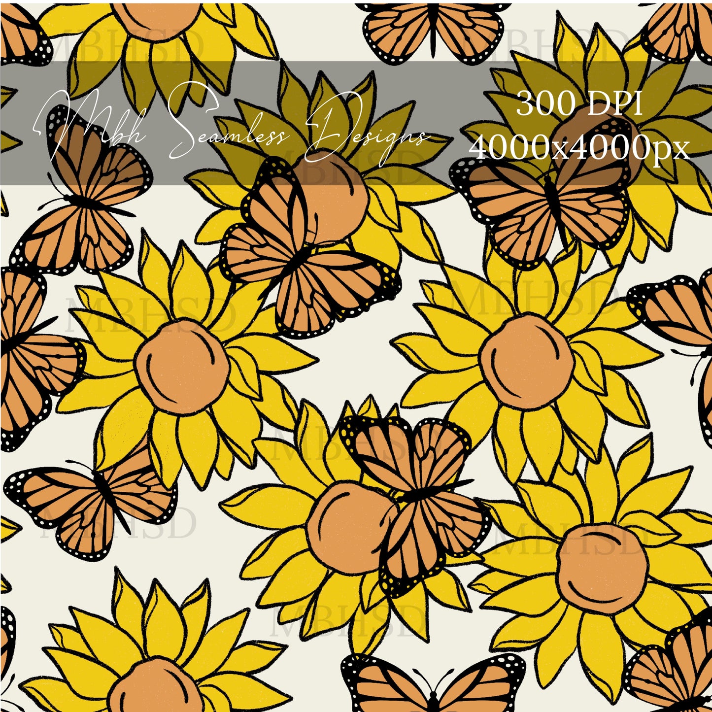 Butterfly Sunflowers Seamless Pattern