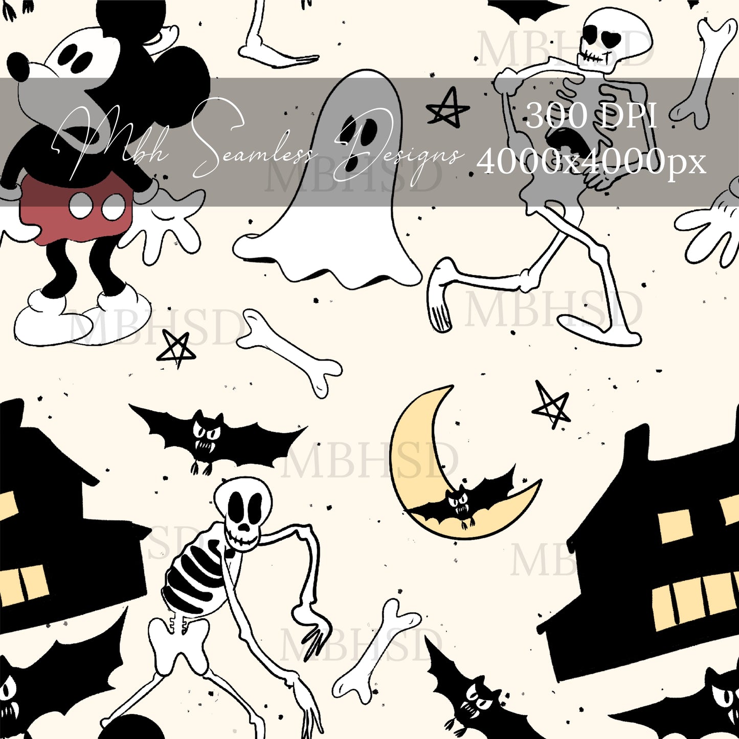 Vintage Mouse Haunted House Seamless Pattern