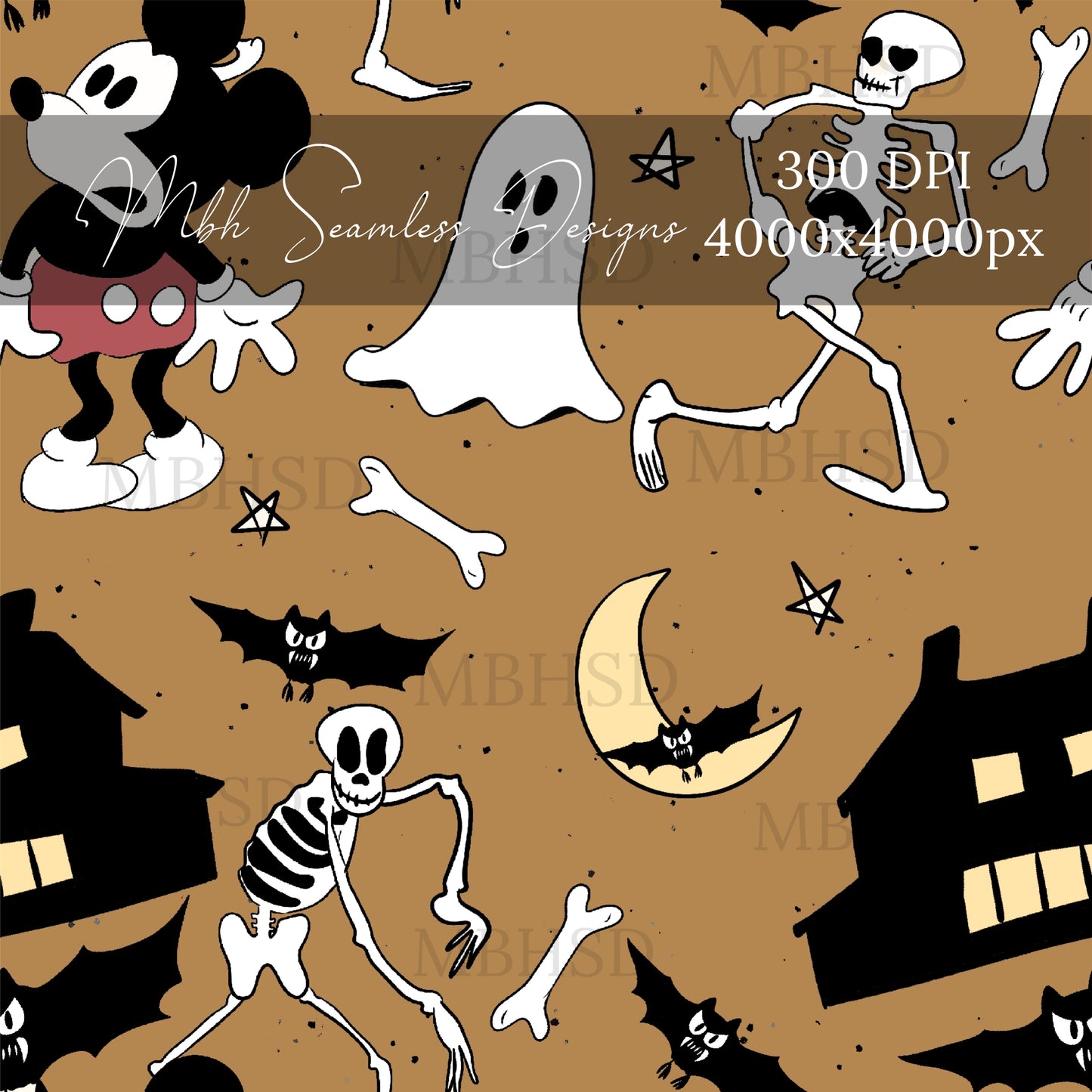 Vintage Mouse Haunted House Dijon Seamless Pattern