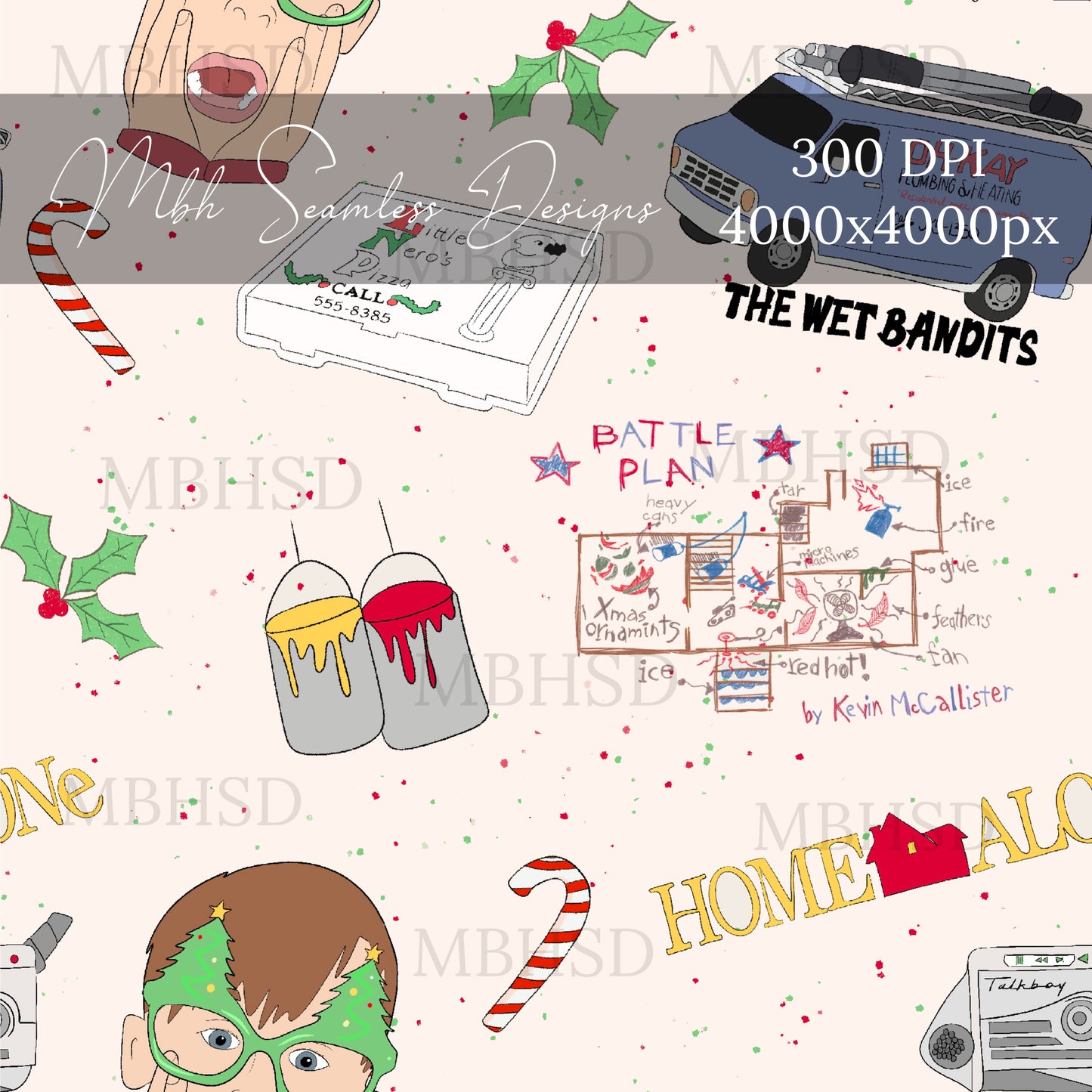 Home Alone Candycanes & Mistletoe Seamless Pattern