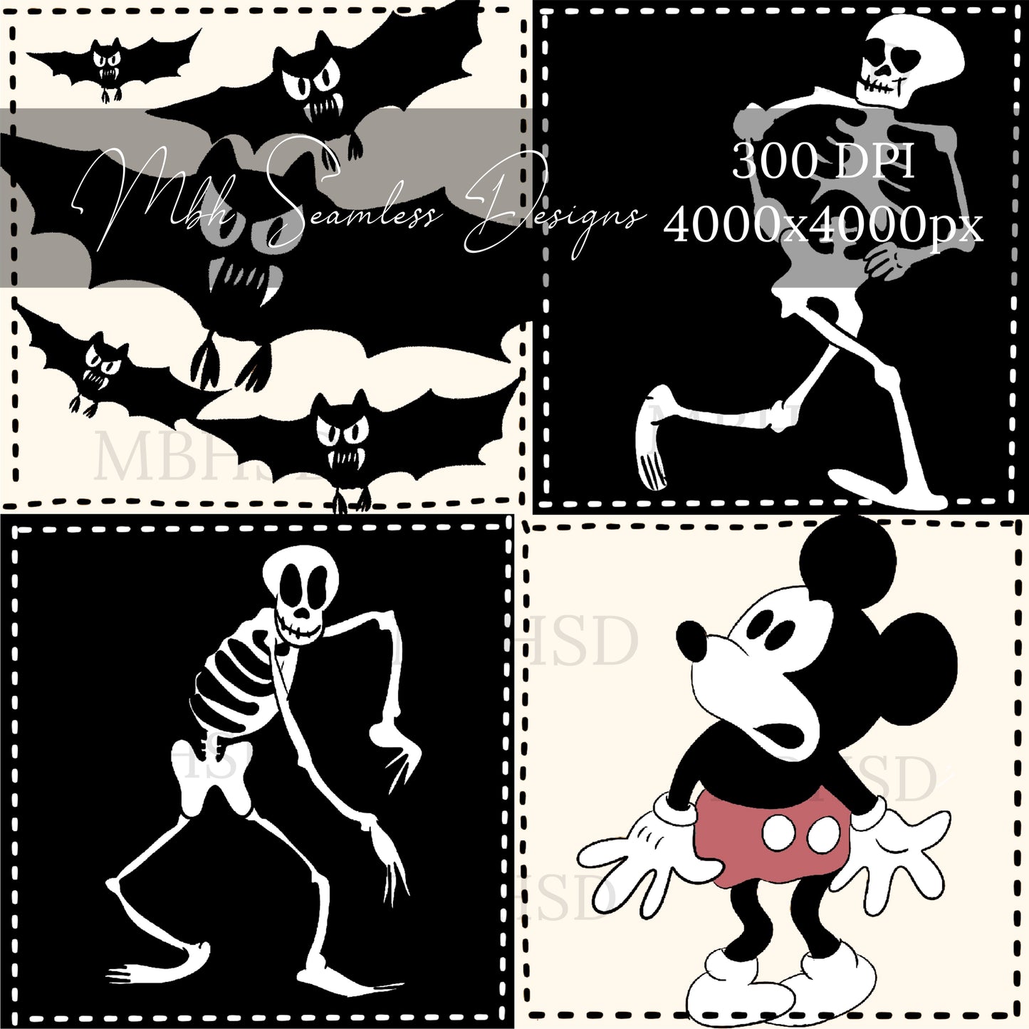 Vintage Mouse Haunted House Quilt Seamless Pattern