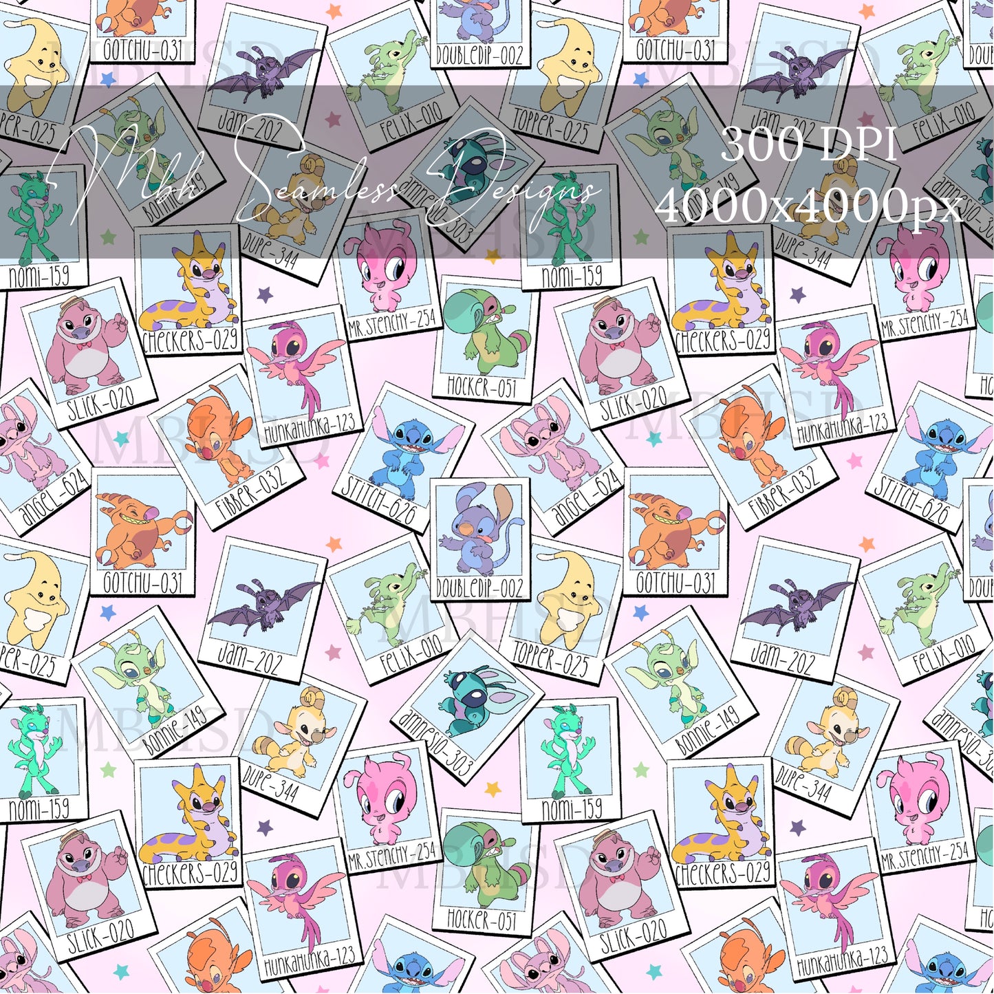 Stitch and Cousins Polaroids Seamless Pattern