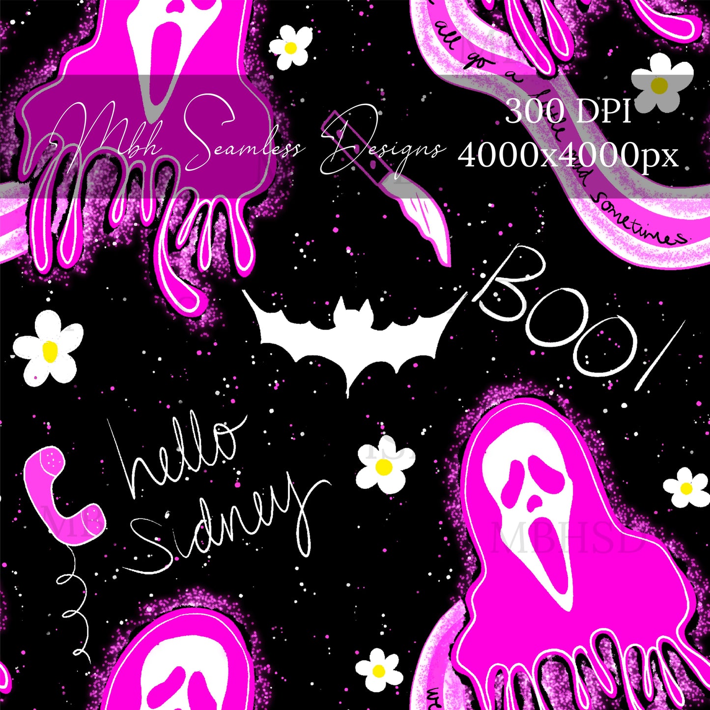 Ghost Face Neon Pink Black Seamless Pattern