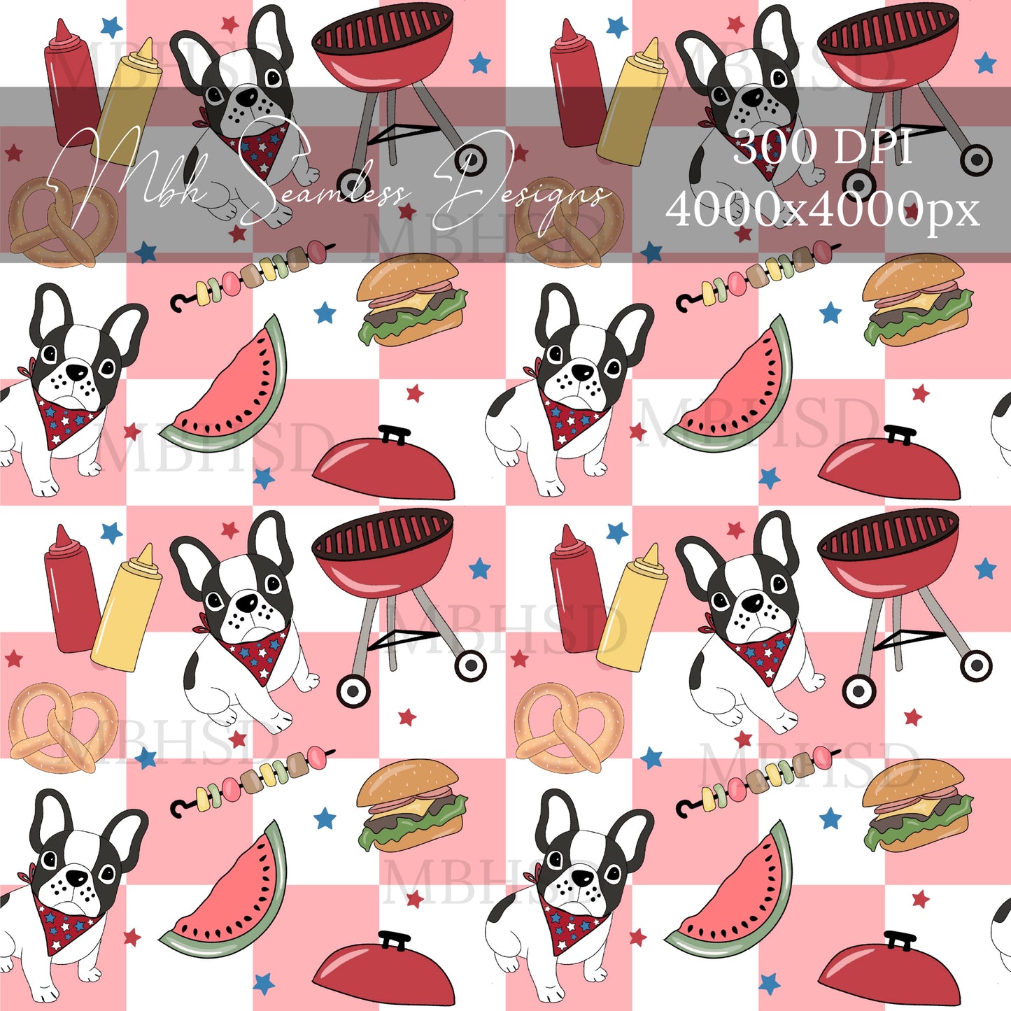 Frenchie Checkered BBQ Seamless Pattern