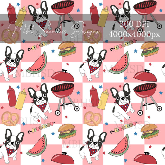 Frenchie Checkered BBQ Seamless Pattern