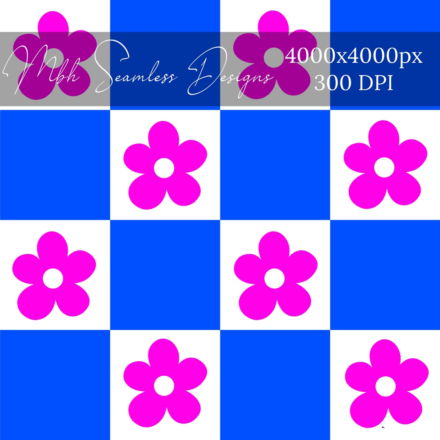 Neon Blue Pink Checkered Floral Seamless Pattern