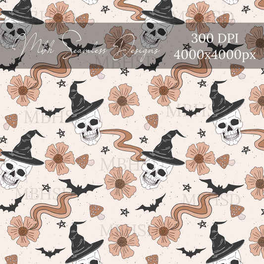 Groovy Witchy Skulls Seamless Pattern