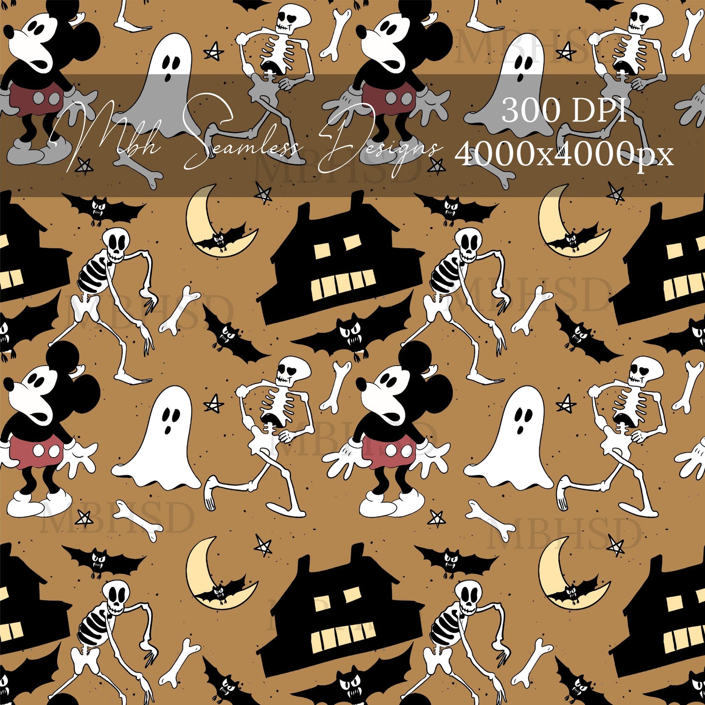 Vintage Mouse Haunted House Dijon Seamless Pattern