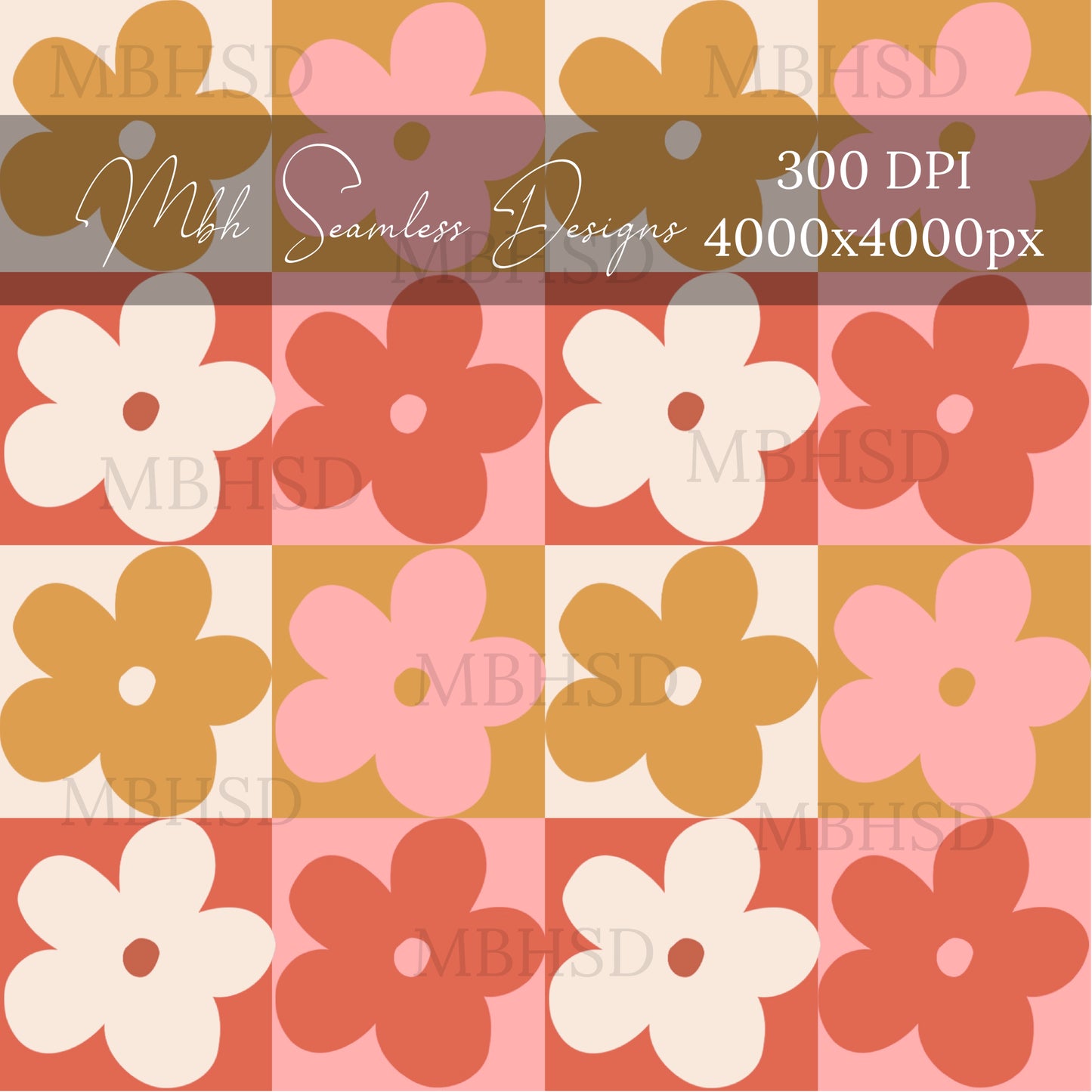 Retro Fall Floral Checkerboard 2 Colorways Seamless Pattern