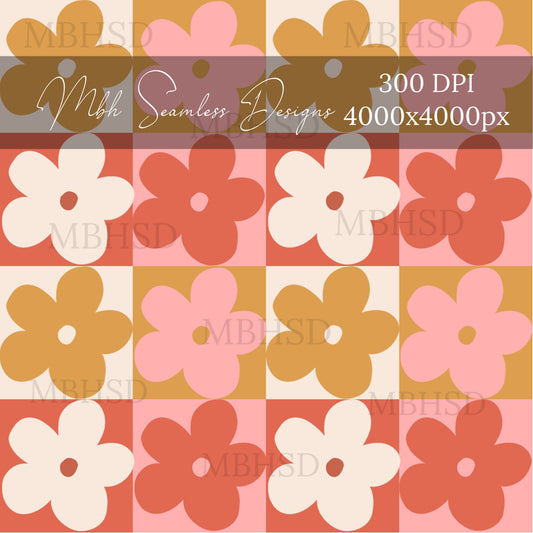 Retro Fall Floral Checkerboard 2 Colorways Seamless Pattern