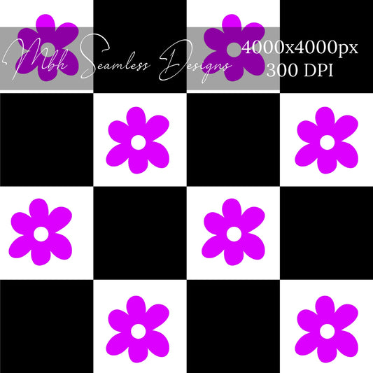 Black Purple Checkered Floral Seamless Pattern
