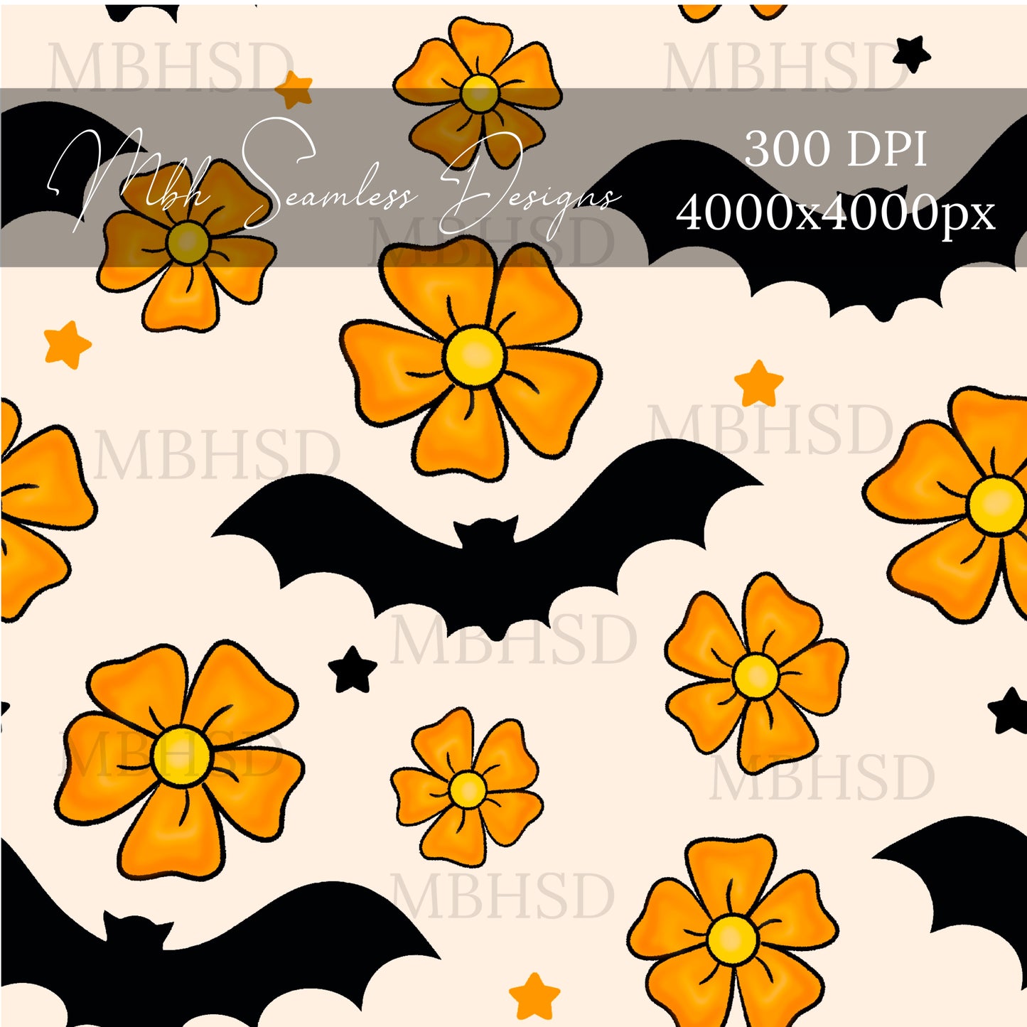 Orange Floral Bats Seamless Pattern