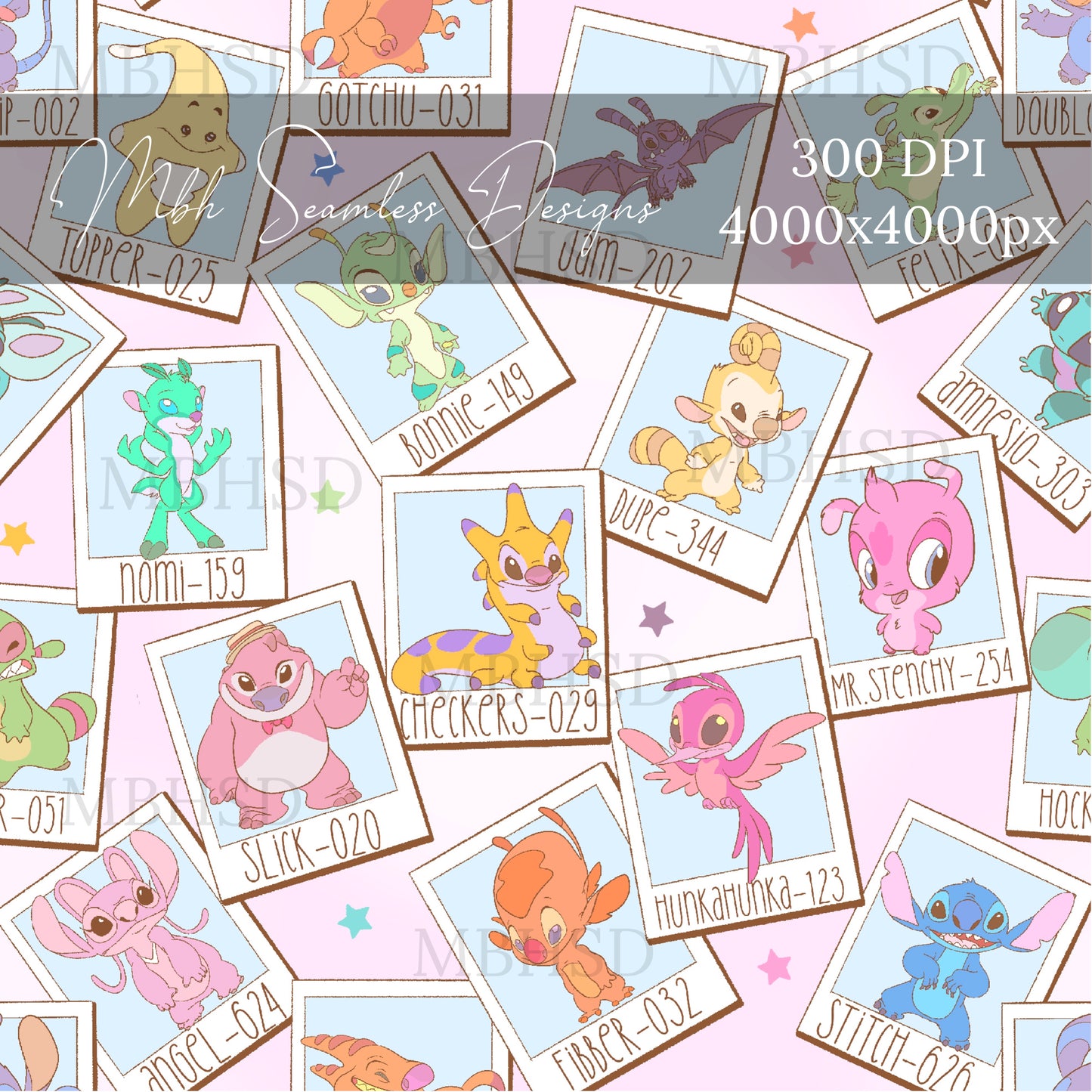 Stitch and Cousins Polaroids Seamless Pattern