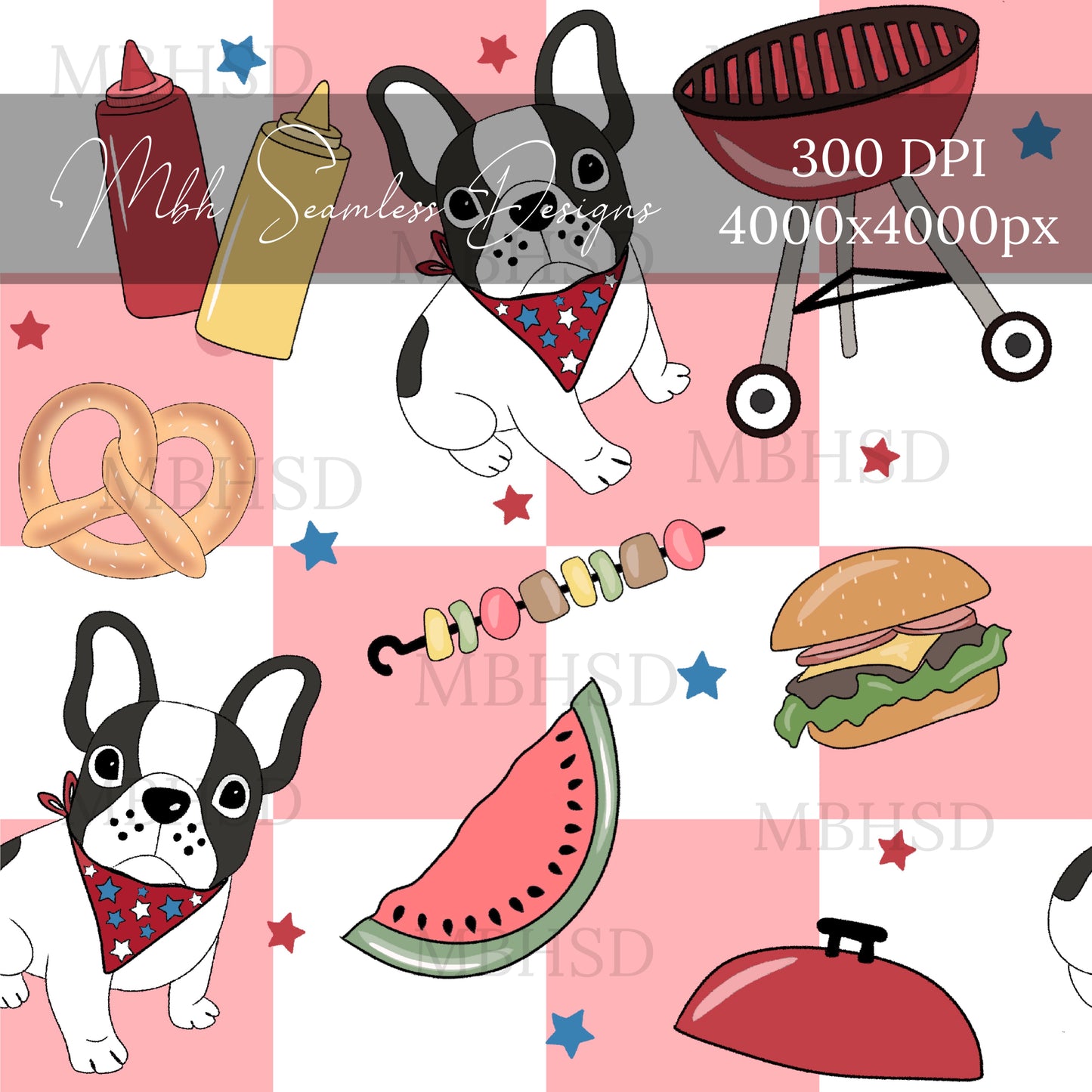 Frenchie Checkered BBQ Seamless Pattern