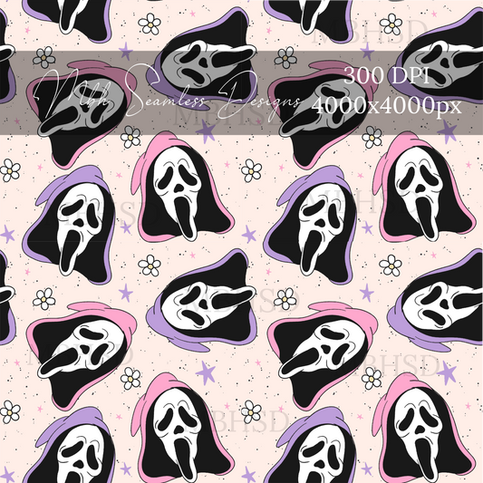 Ghost Face Lavender Pink Daisies Seamless Pattern