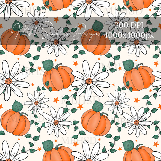 Starry Pumpkin Daisies  Seamless Pattern