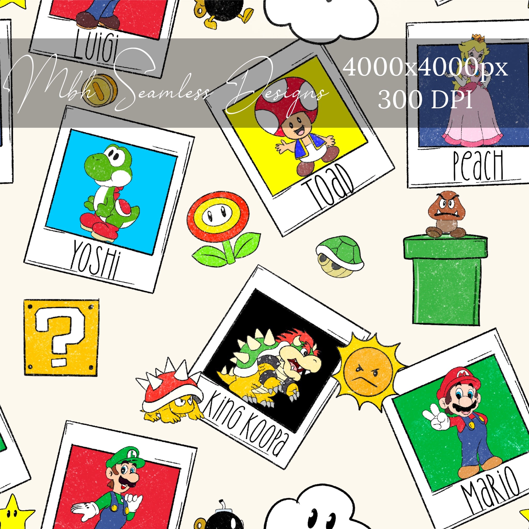 Mario Seem Less Pattern Mario and Friends Polaroids Seamless Pattern – MBH Seamless Designs