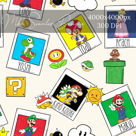 Mario and Friends Polaroids Seamless Pattern