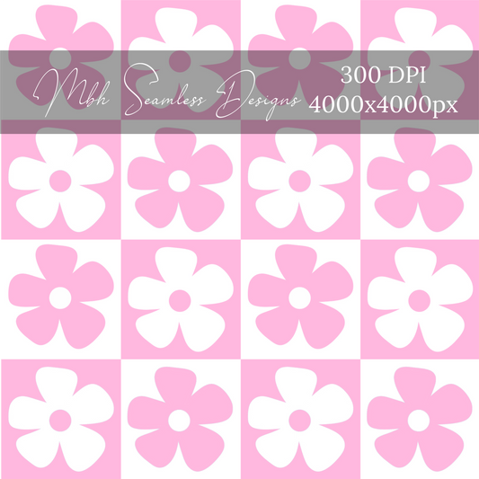 Pink Checkered Floral Seamless Pattern