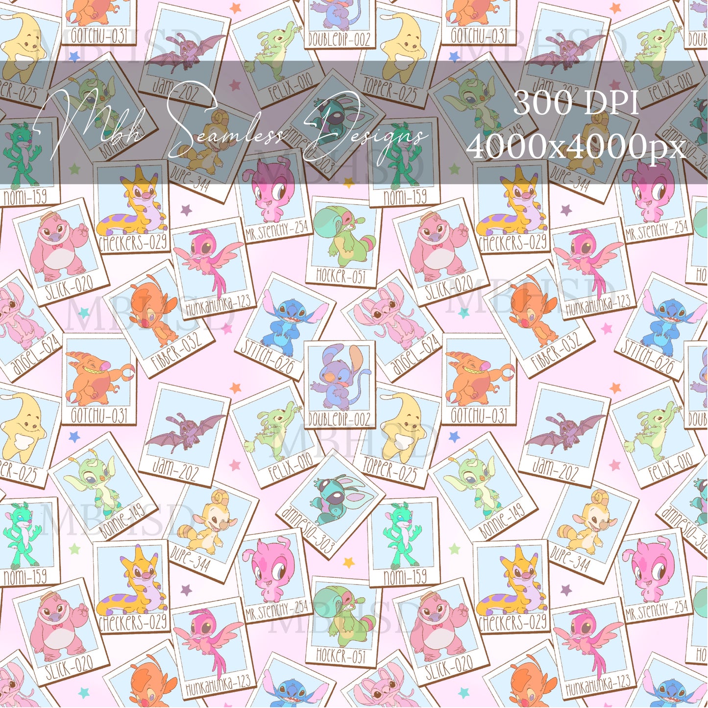 Stitch and Cousins Polaroids Seamless Pattern