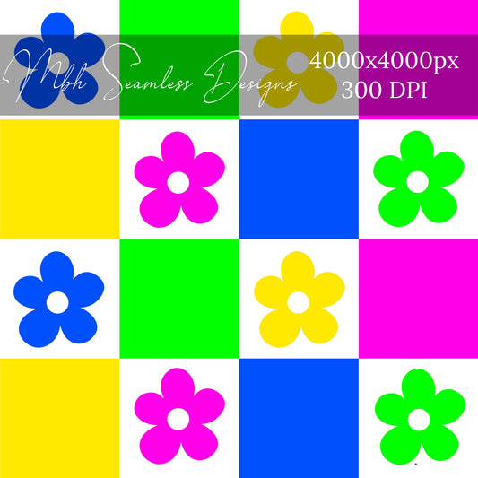 Neon Checkered Floral Seamless Pattern