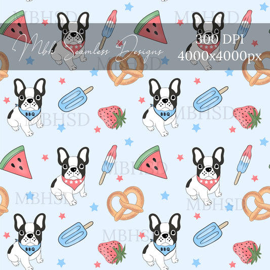 Frenchie BBQ Treats Blue Seamless Pattern