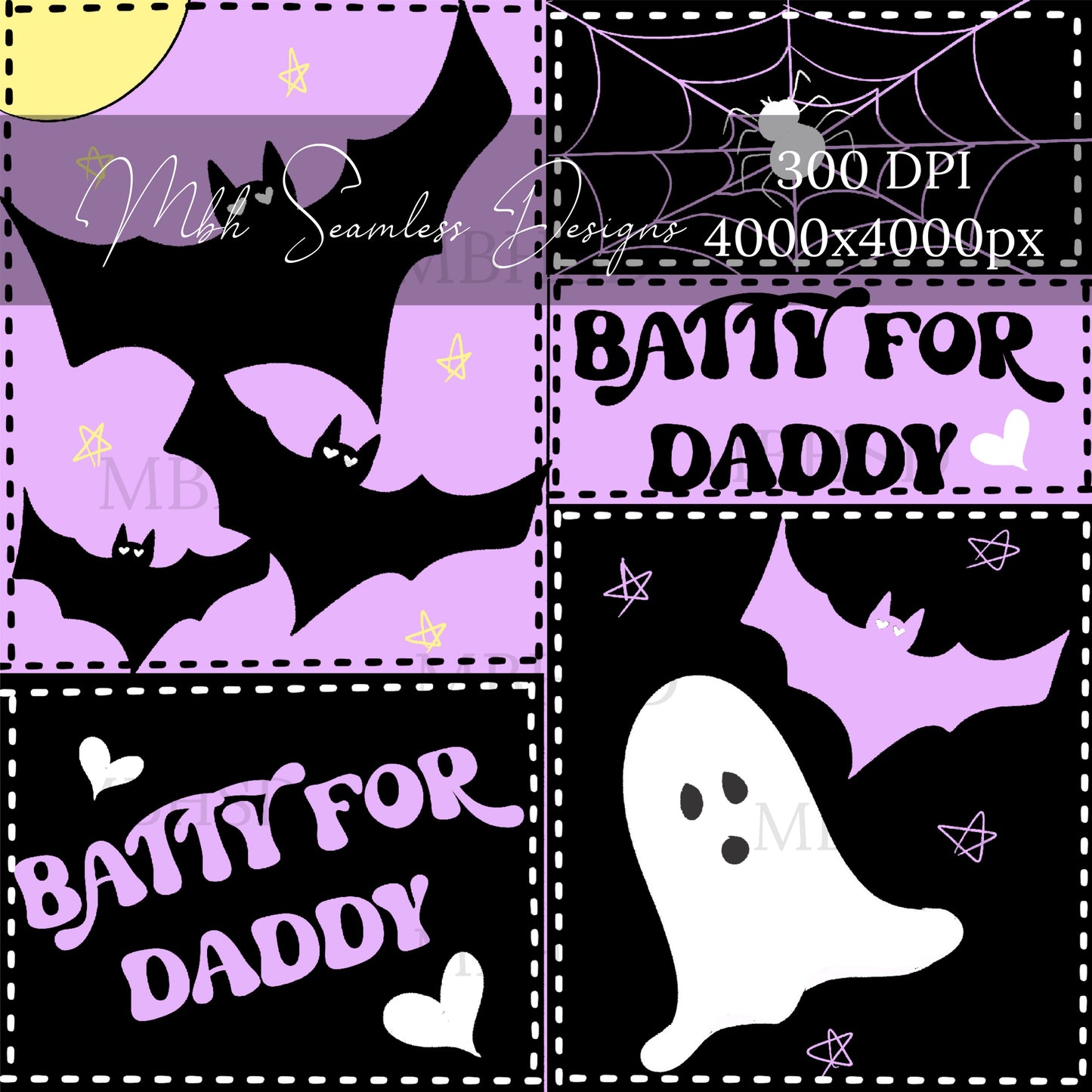 Lavender Batty For Daddy Patchwork Seamless Pattern