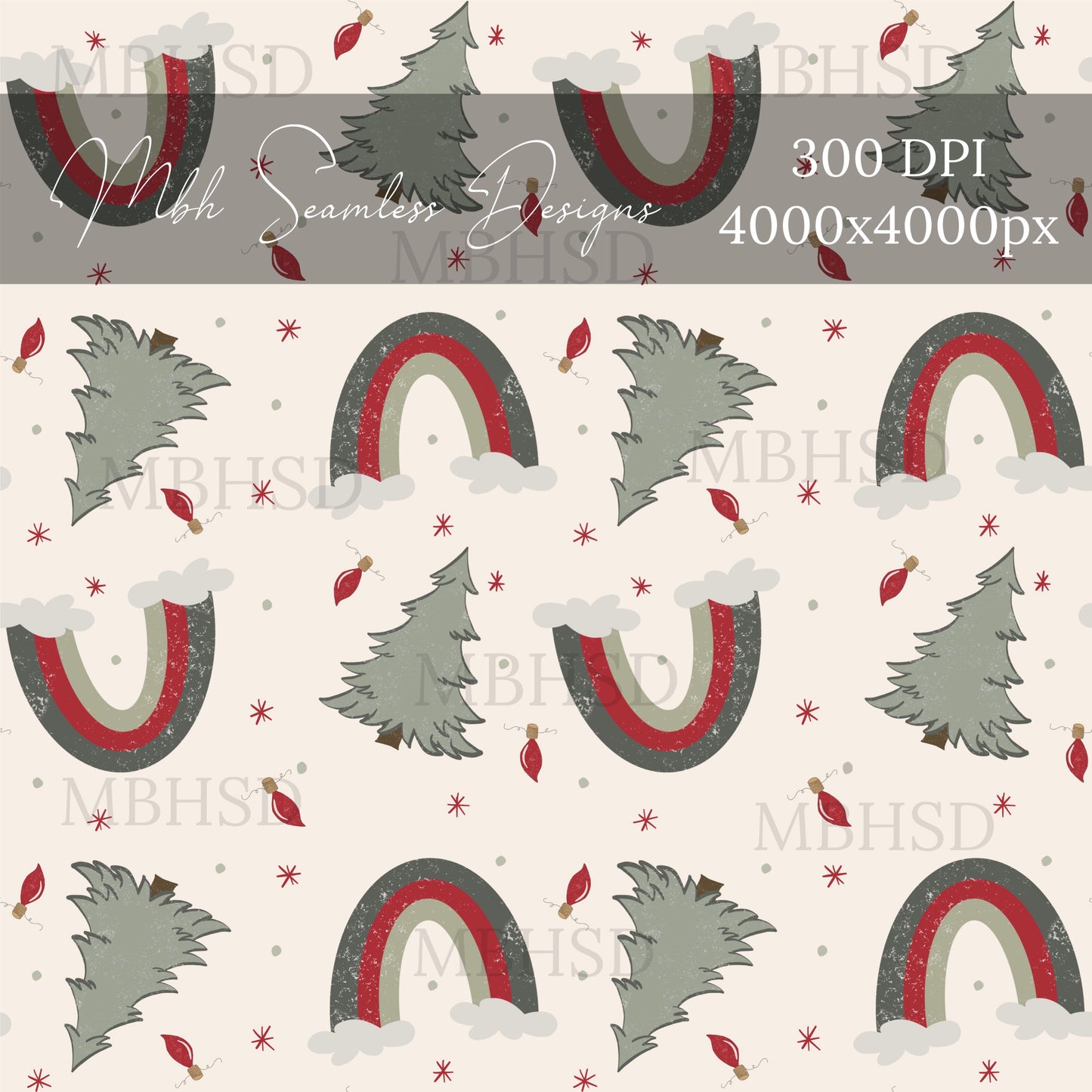 Vintage Christmas Tree Rainbows Seamless Pattern