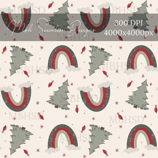 Vintage Christmas Tree Rainbows Seamless Pattern