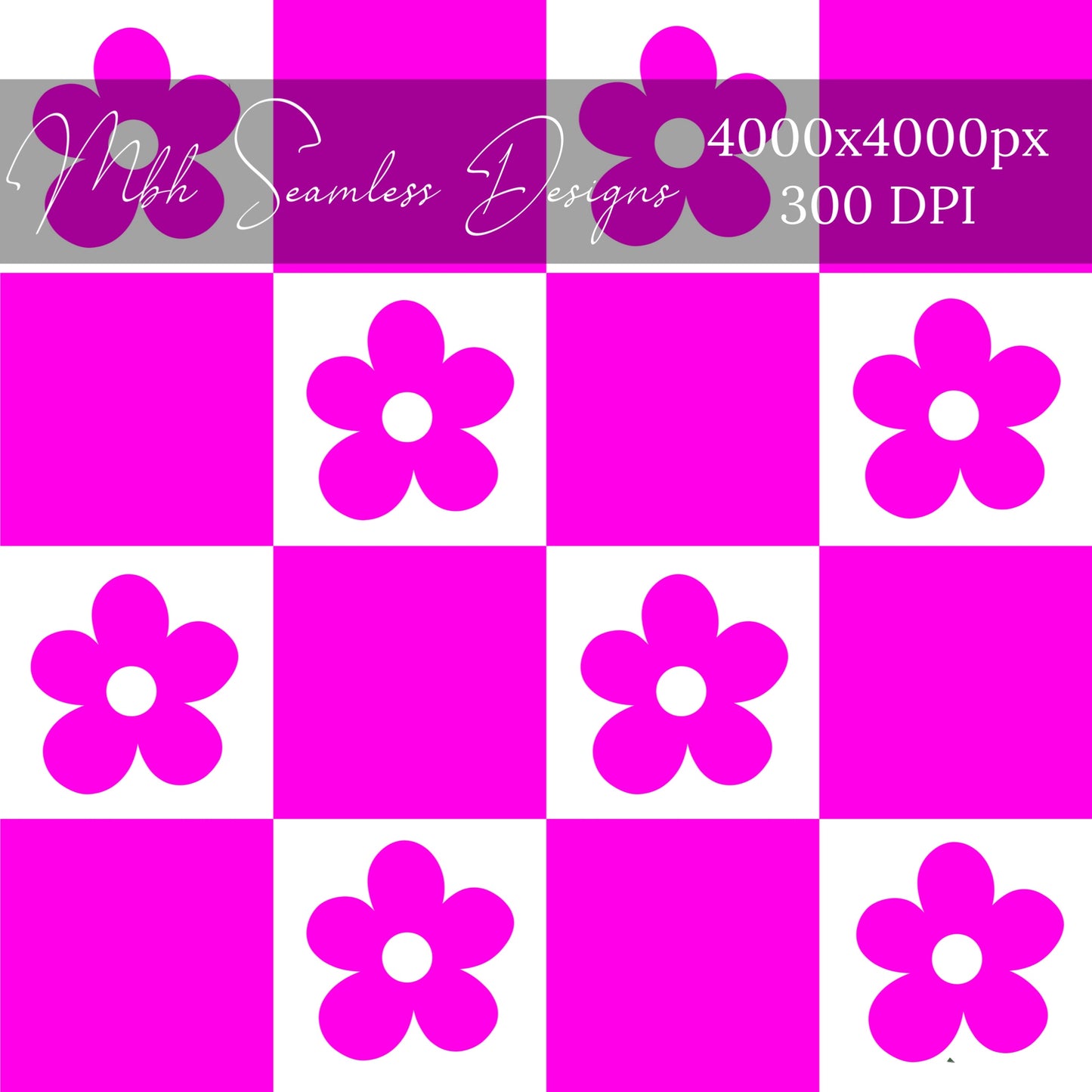 Neon Pink Checkered Floral Seamless Pattern