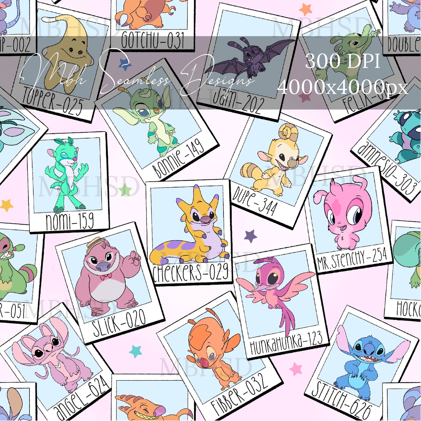 Stitch and Cousins Polaroids Seamless Pattern