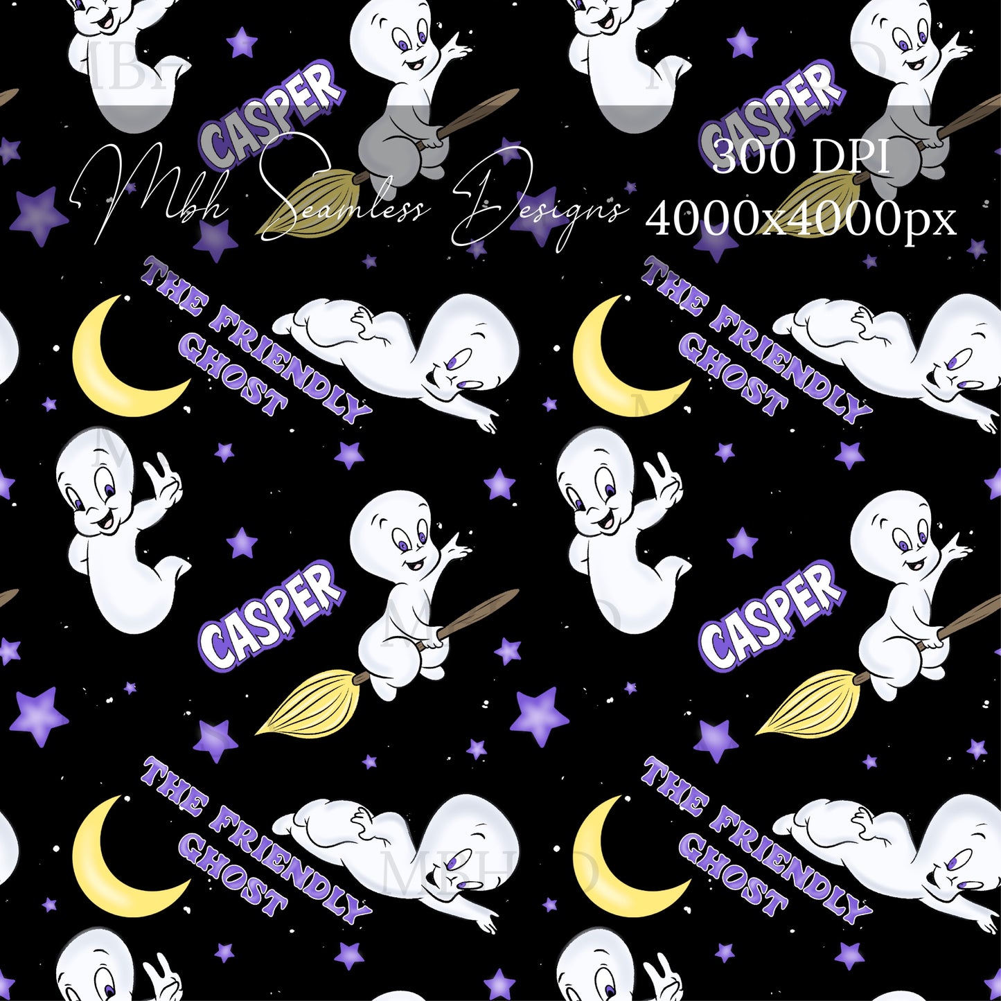 Midnight Starry Casper the Friendly Ghost Assorted Colorways Seamless Pattern