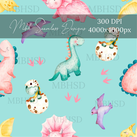 Blue Girly Dinos Seamless Pattern