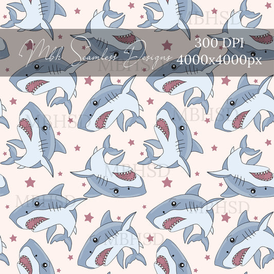 Red Star Sharks Seamless Pattern