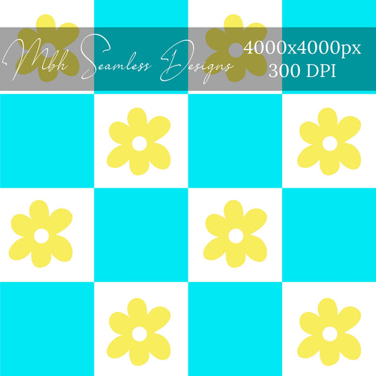 Aqua Yellow Checkered Floral Seamless Pattern