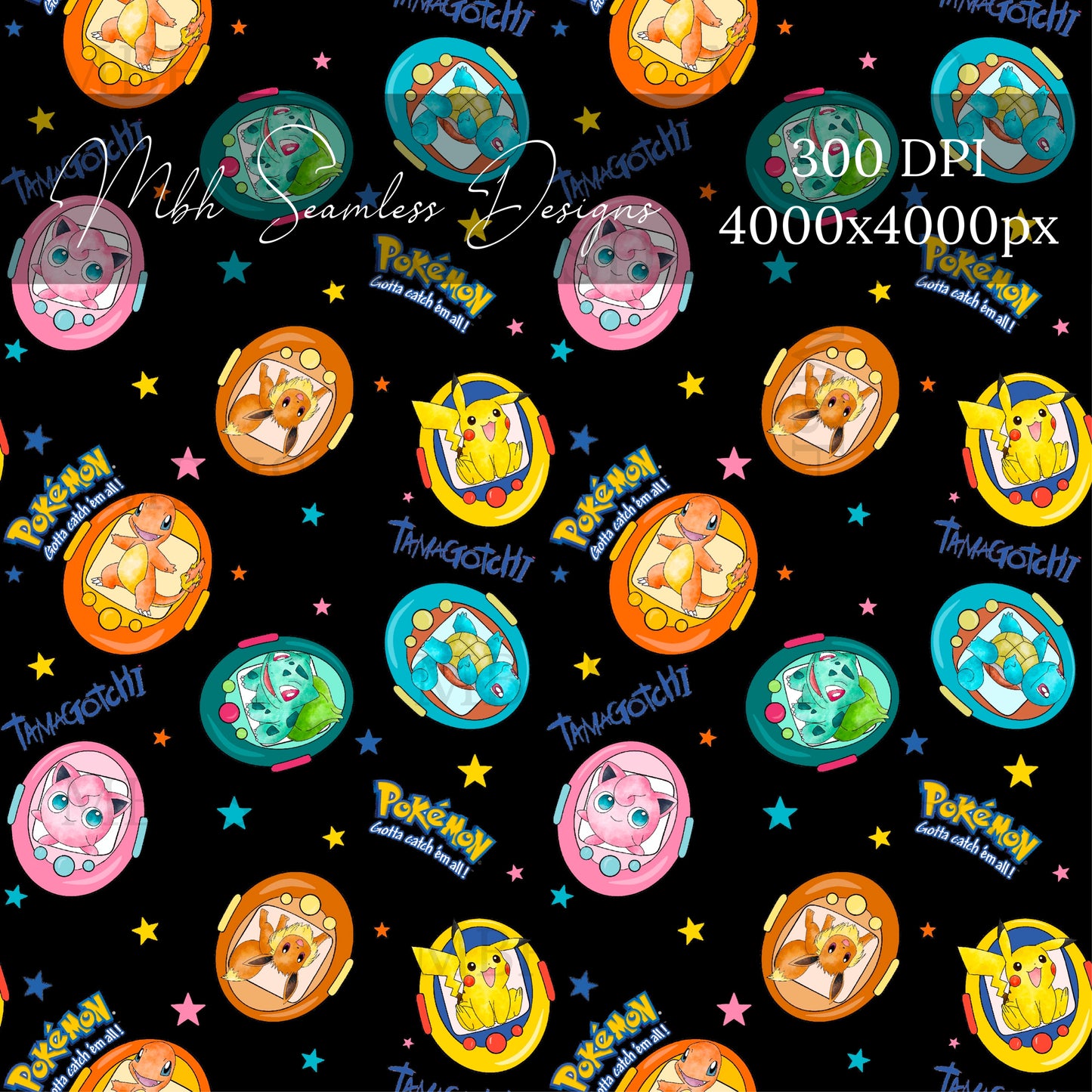 Midnight Starry Tamagotchi Pokeman Seamless Pattern