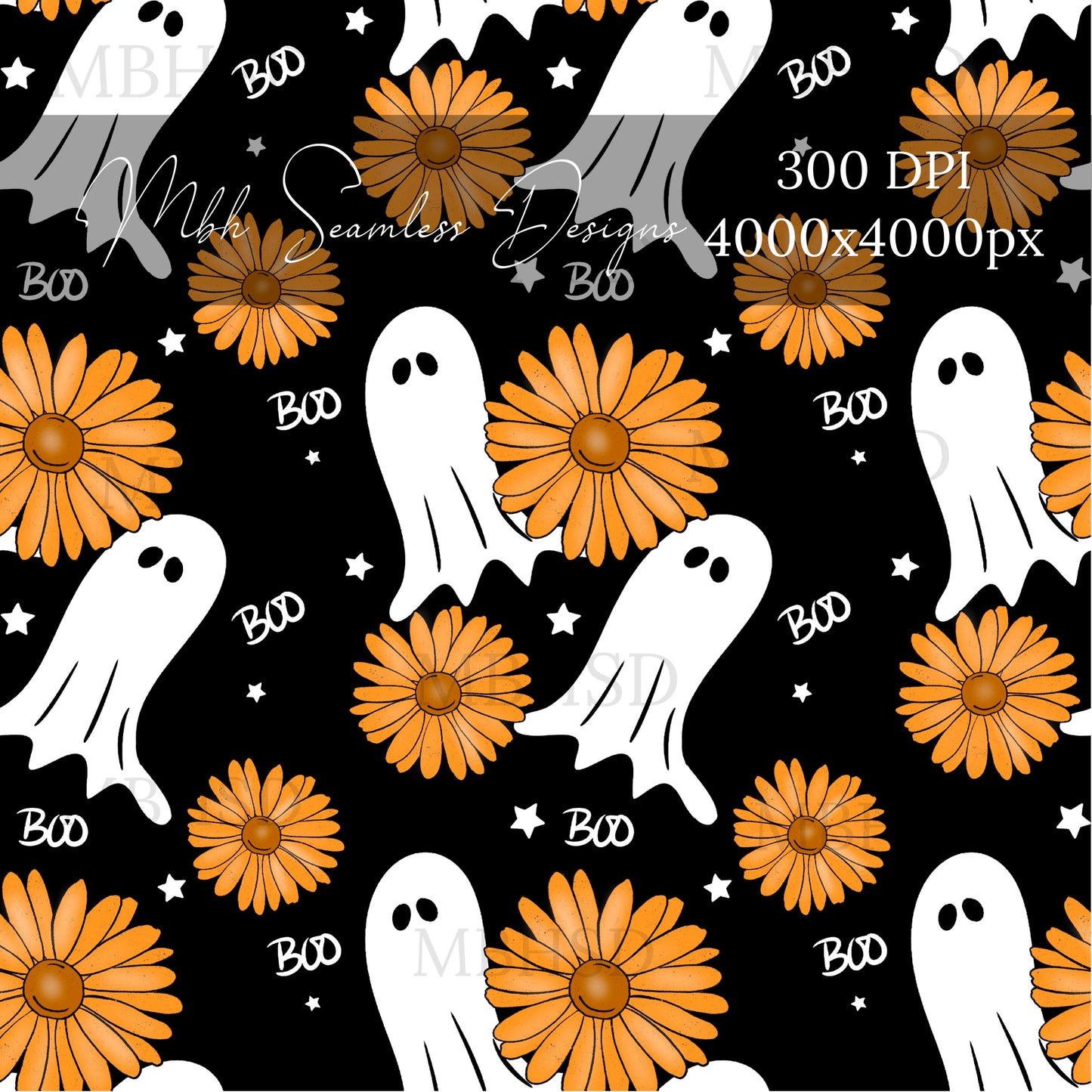 Midnight Floral Boo Ghosts  Seamless Pattern