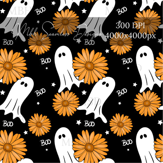 Midnight Floral Boo Ghosts  Seamless Pattern