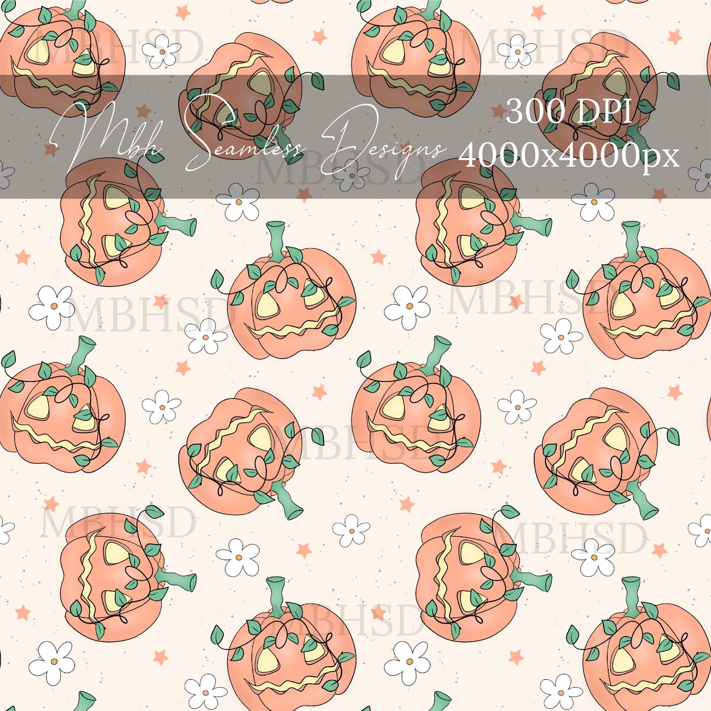 Boho  Floral Jack O Lanterns   Seamless Pattern