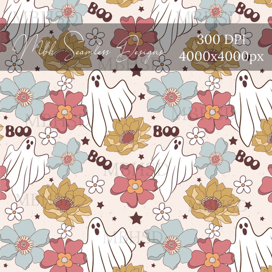 Boo Ghost Floral Seamless Pattern