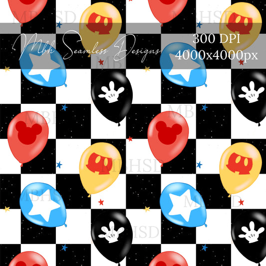 Black Checkered Mouse Balloons Seamless Pattern