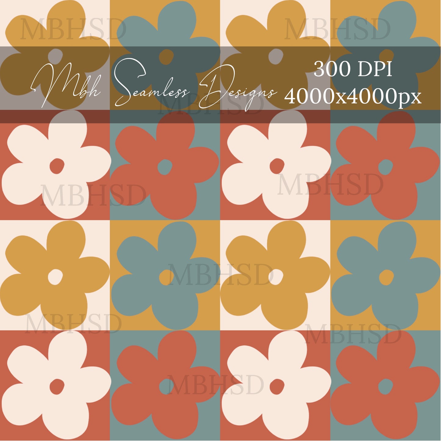 Retro Fall Floral Checkerboard 2 Colorways Seamless Pattern