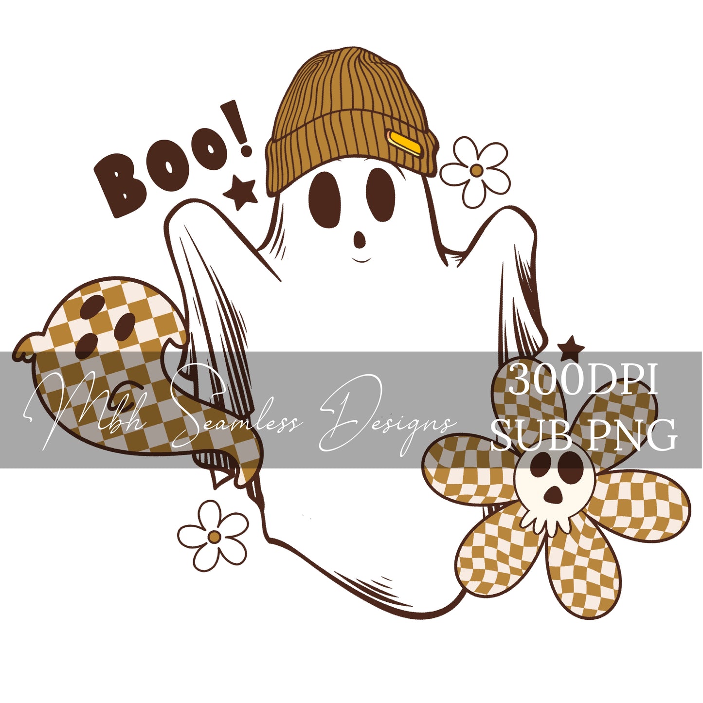 Neutral Checkered Groovy Ghost Seamless Pattern