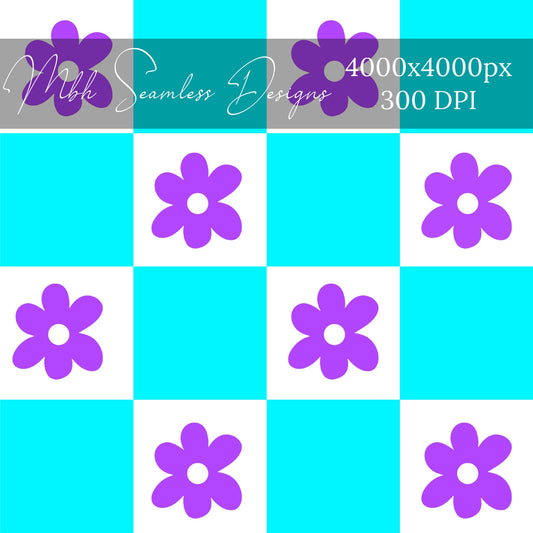 Purple Aqua Blue Checkered Floral Seamless Pattern